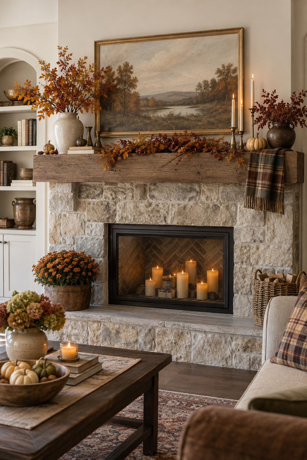 Refined farmhouse fall mantel decor