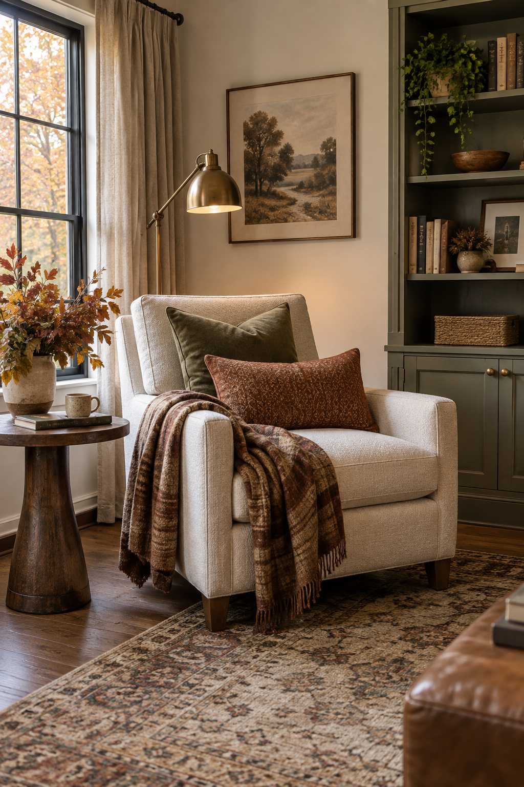 Supportive layered pillows in a fall reading nook