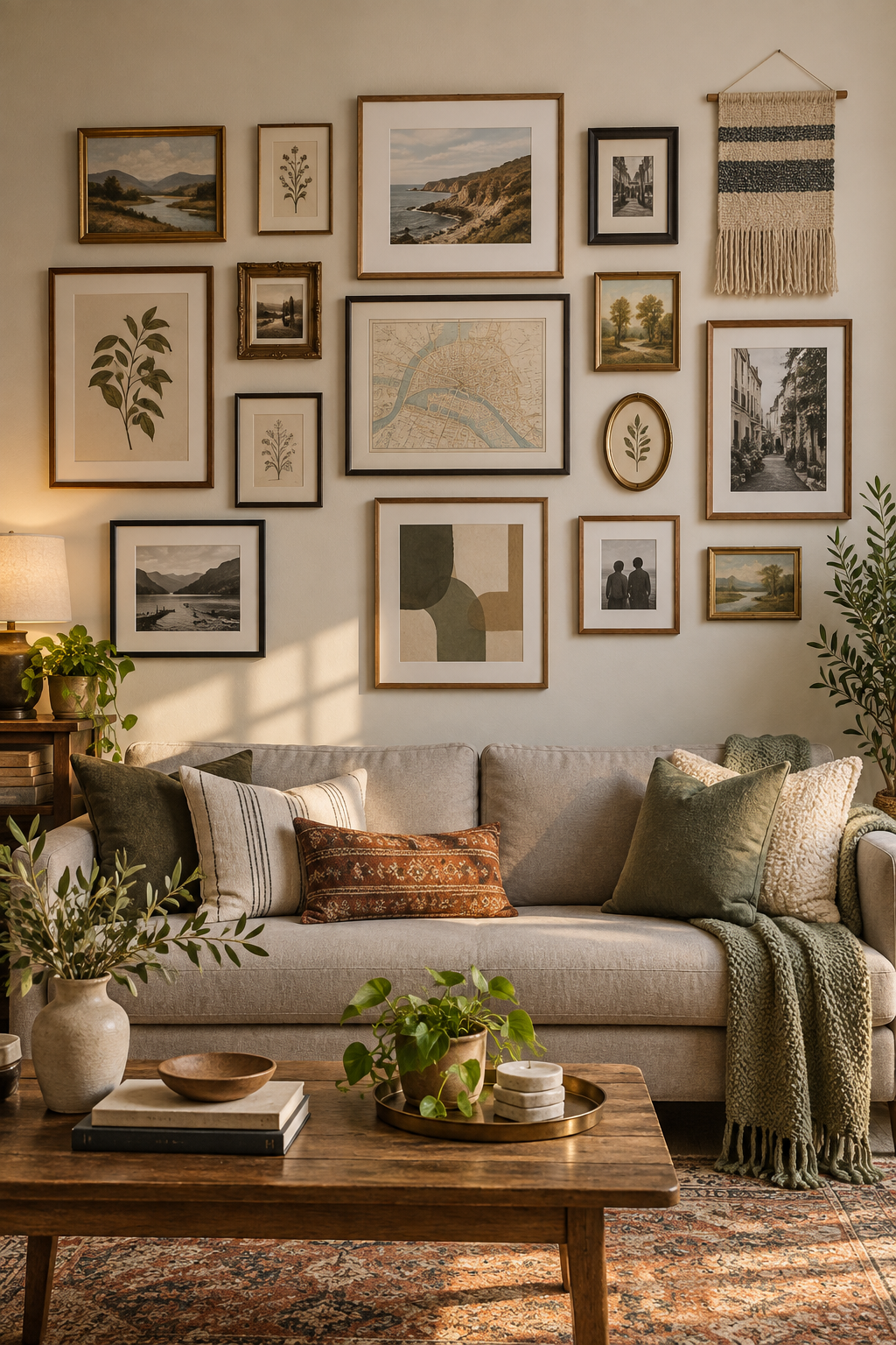 A personal gallery wall made from affordable art and collected frames