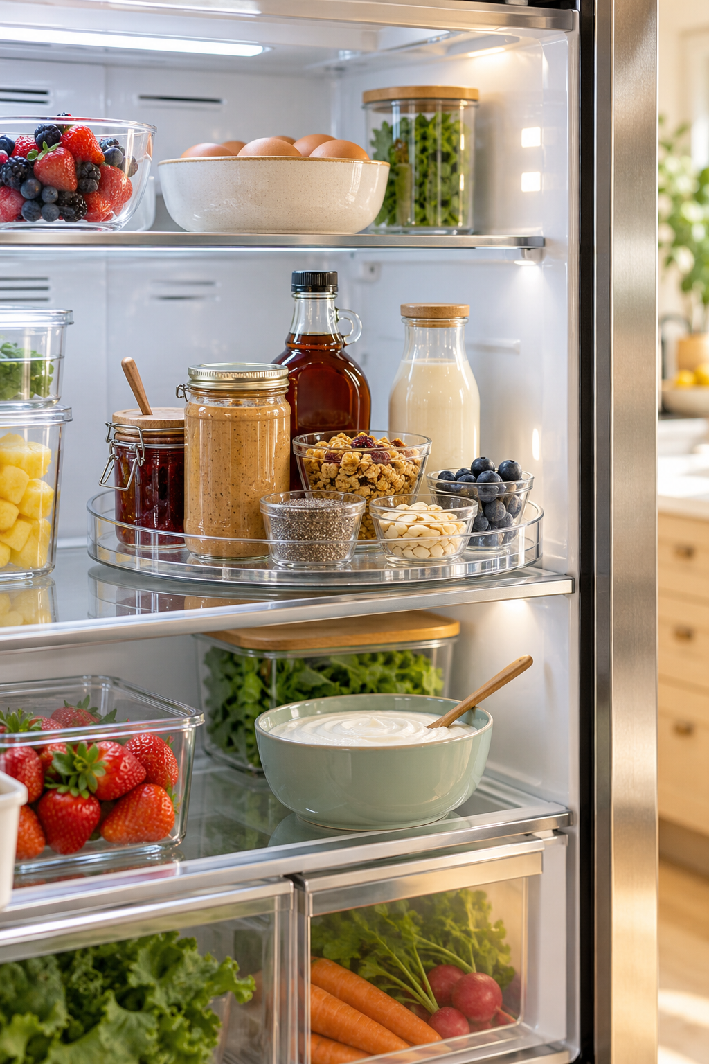 Add a Turntable for Breakfast Condiments in a clean organized refrigerator