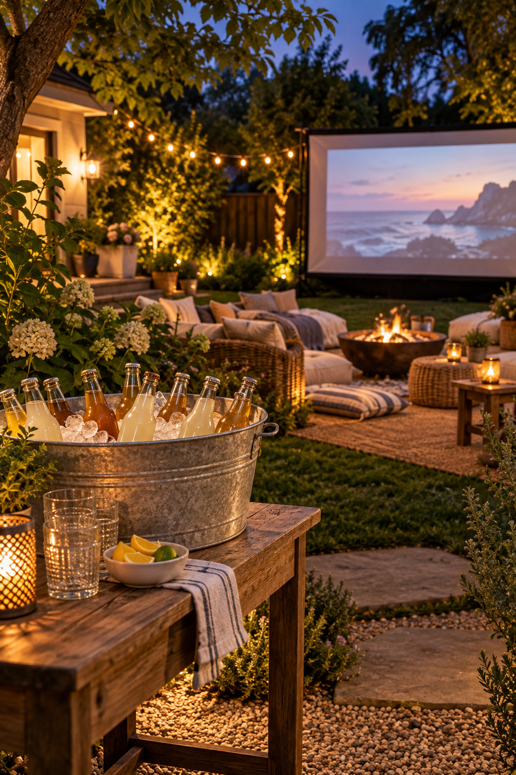 Serve Drinks from an Iced Garden Tub for a magical garden movie night