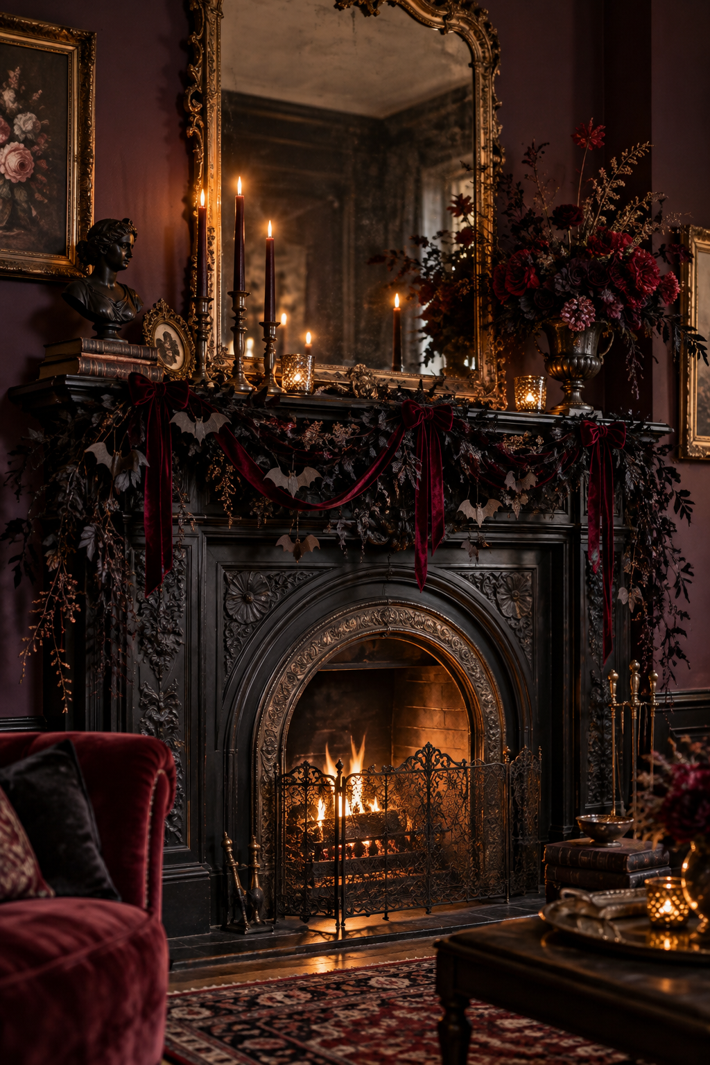 Hang a Dramatic Black Garland styled as gothic Victorian Halloween mantel ideas