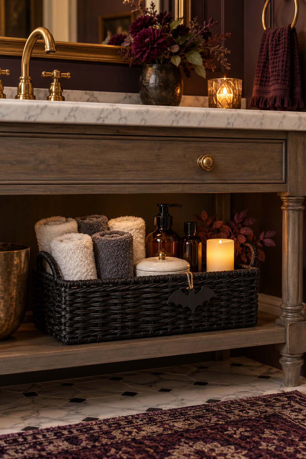 Create a Spooky Guest-Bath Basket styled as Halloween bathroom decor ideas