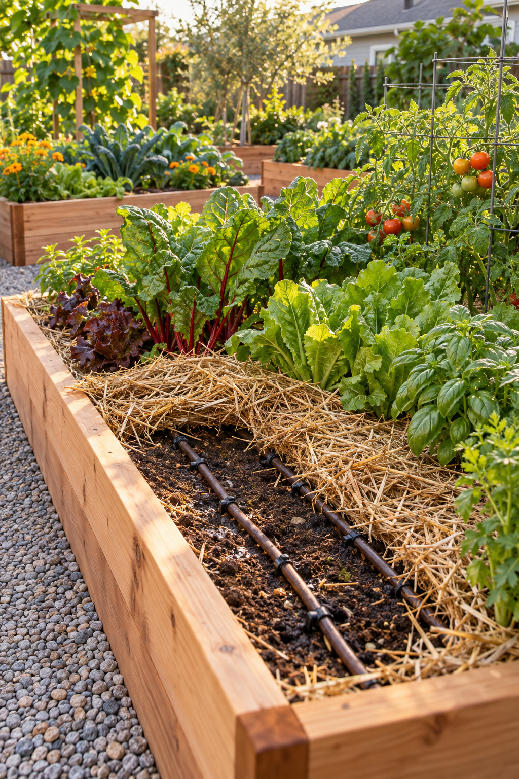 Use Drip Irrigation beneath Mulch in a small backyard garden