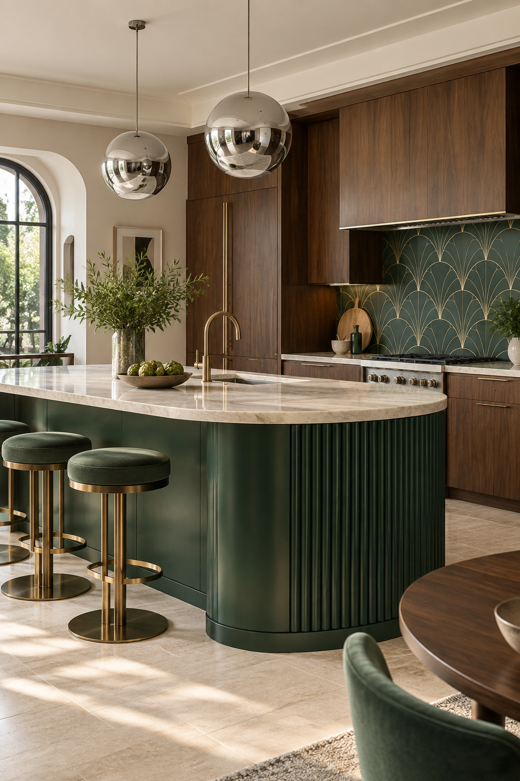 Jade green Neo Deco kitchen with walnut, stone and brass details