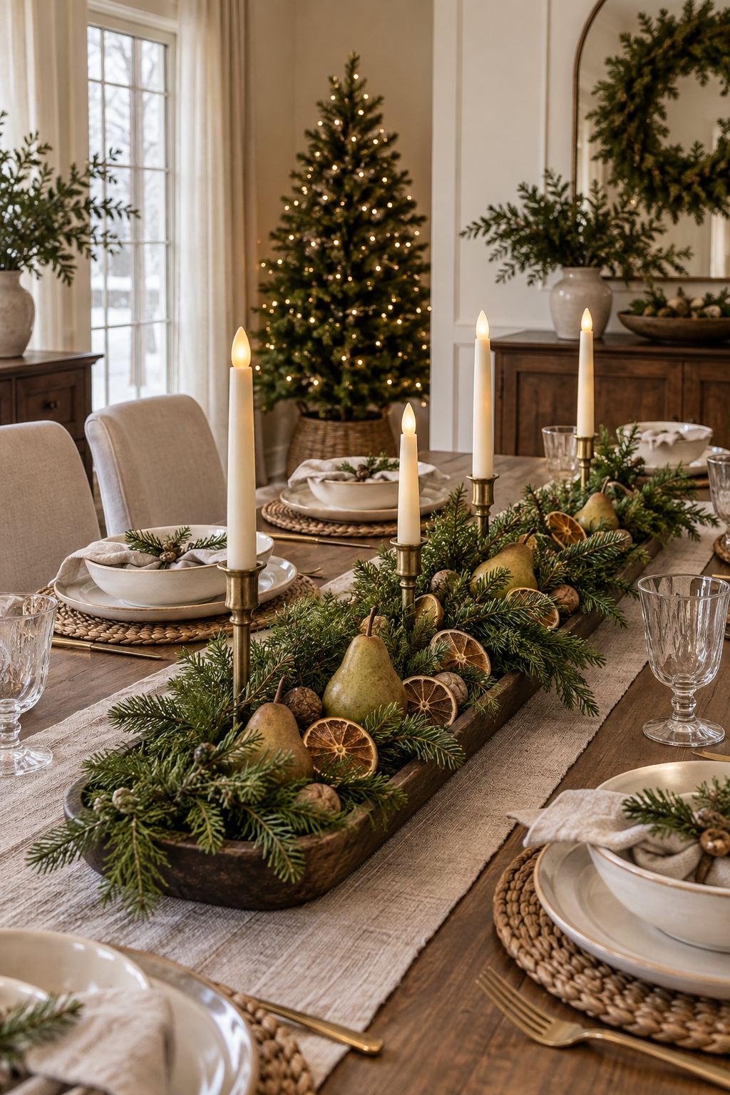 Christmas dining centerpiece with low greenery, pears and warm neutral ceramics
