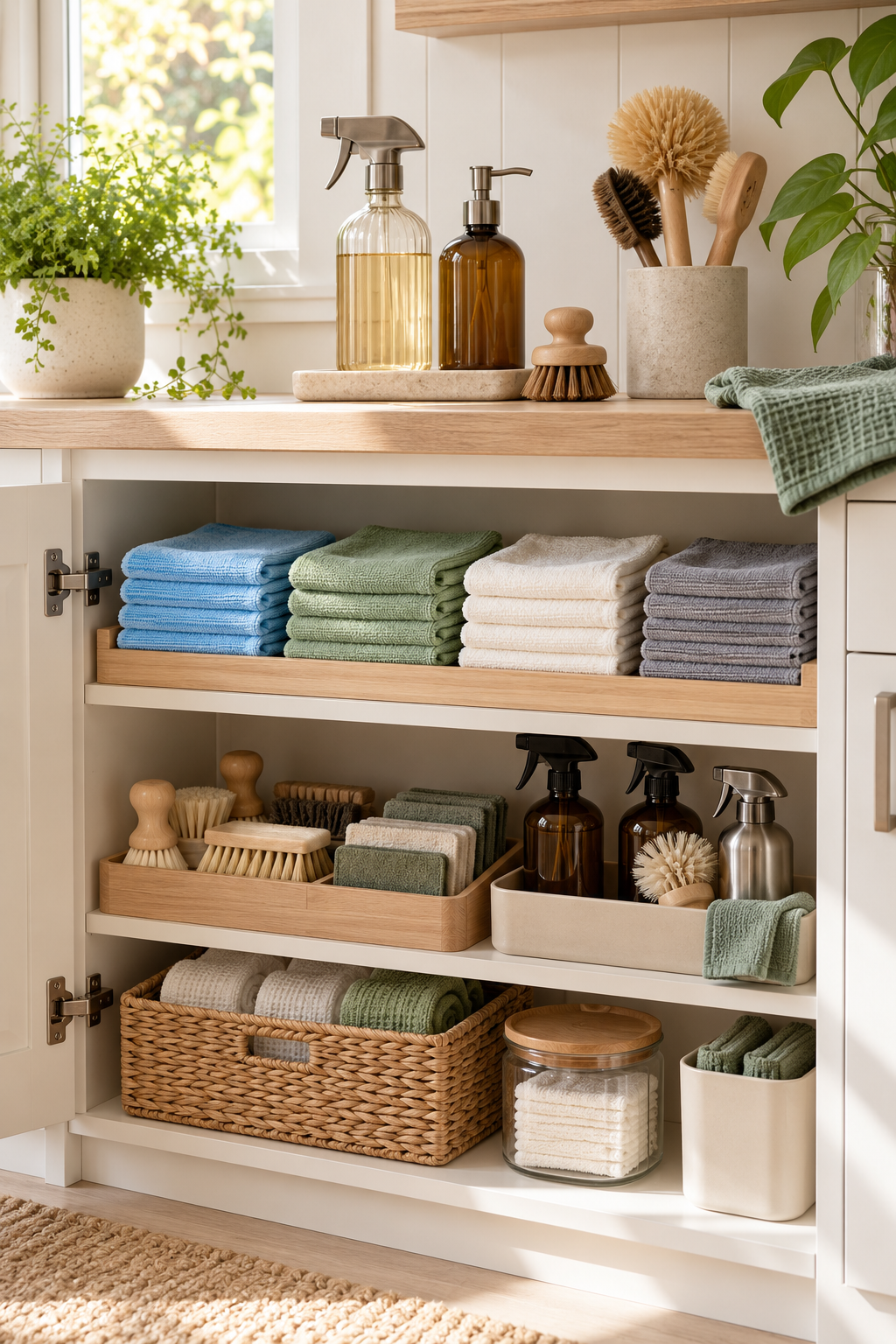 Fold Microfiber Cloths by Task in an organized naturally minded cleaning station