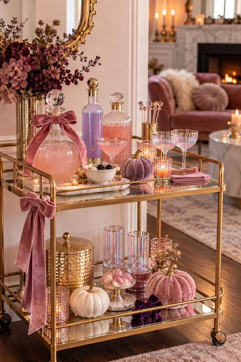 Decorate a Bar Cart with Pastel Potions styled as pink Halloween decor ideas