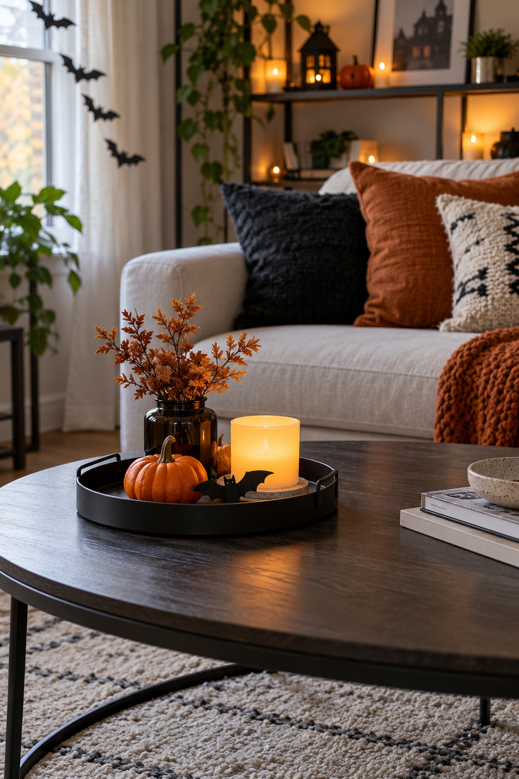 Style a Coffee Table Tray styled as Halloween apartment decor ideas