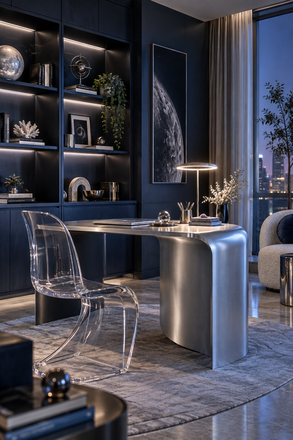 Home office with streamlined silver desk and blue task chair