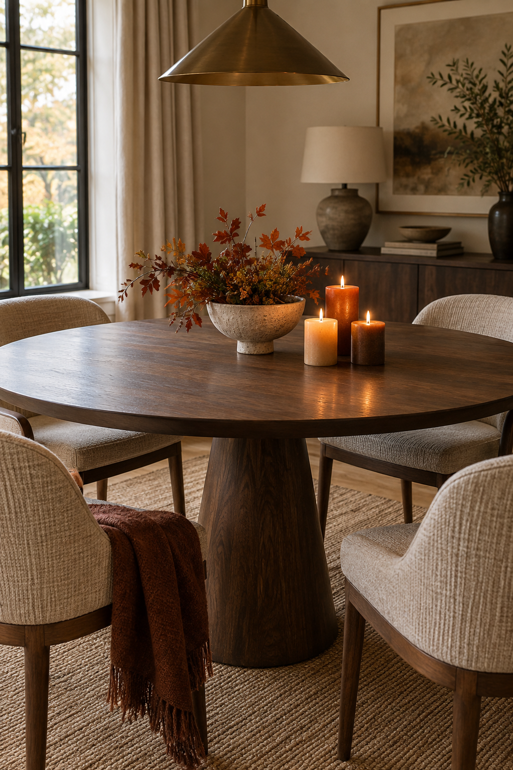 Round dining table with compact fall centerpiece
