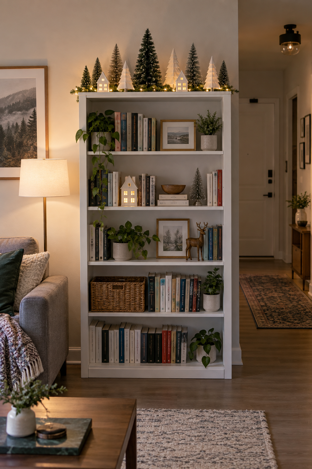 Decorate the top of a bookcase for Christmas