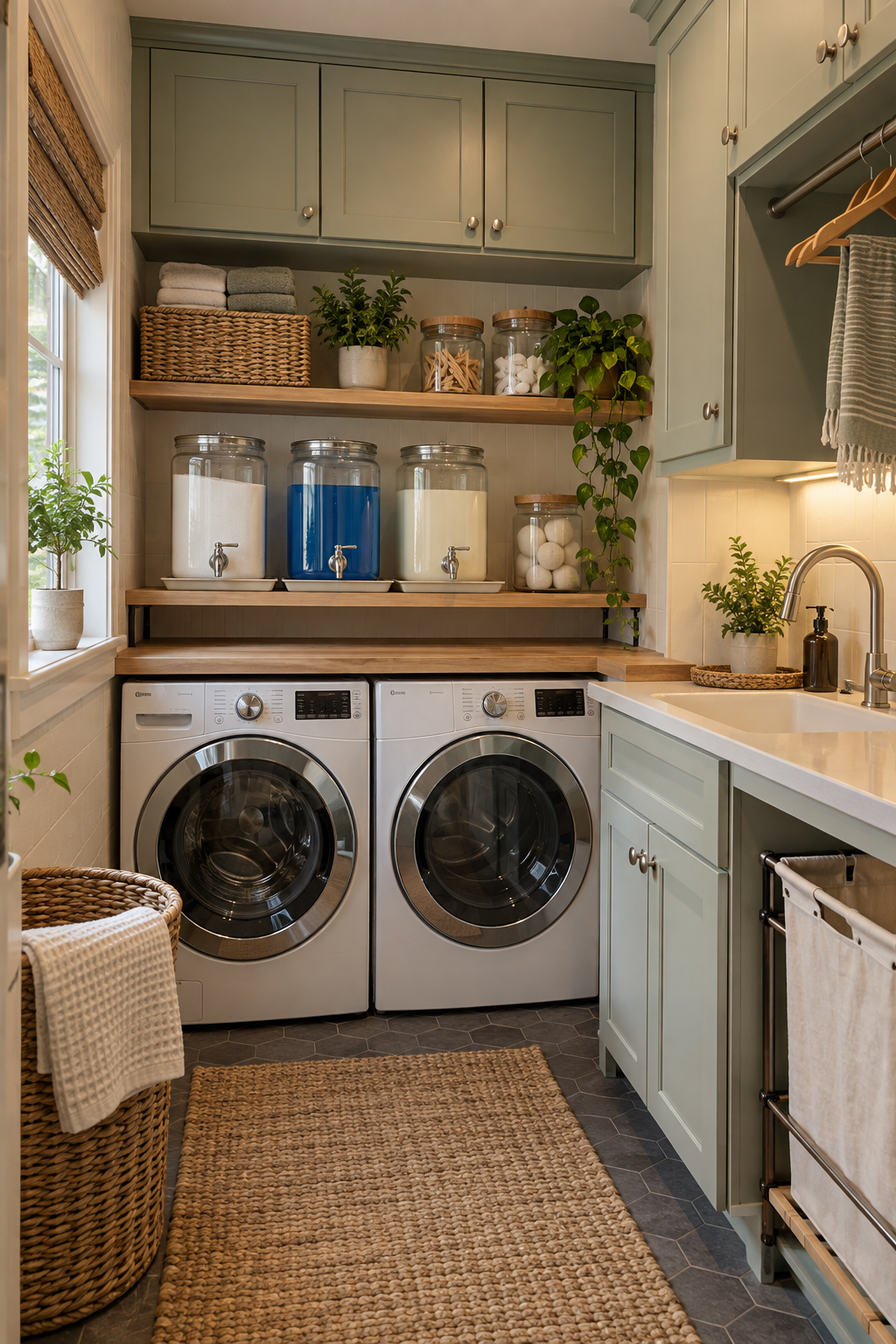 Store Detergent in Easy-Pour Containers in a compact organized laundry room