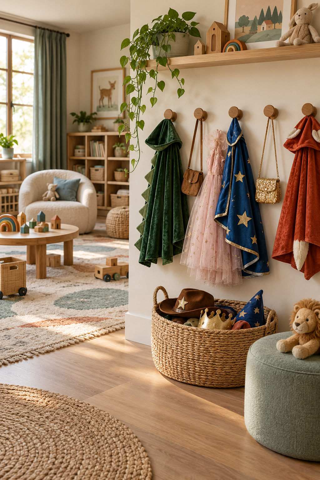 Hang Costumes on Easy Hooks in a stylish organized playroom