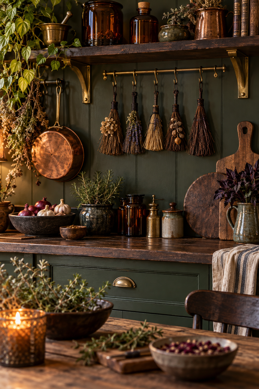 Hang Mini Brooms from Hooks styled as witchy kitchen decor ideas