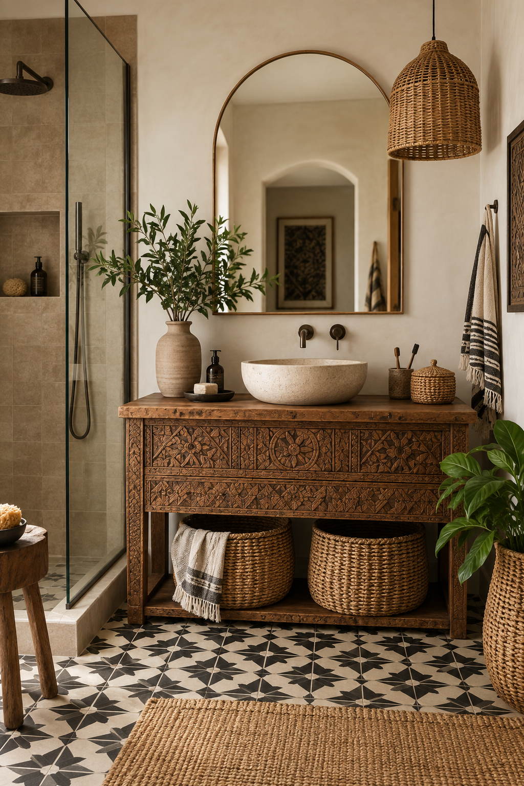 Afrobohemian bathroom with carved wood vanity, arched mirror, woven pendant and patterned floor