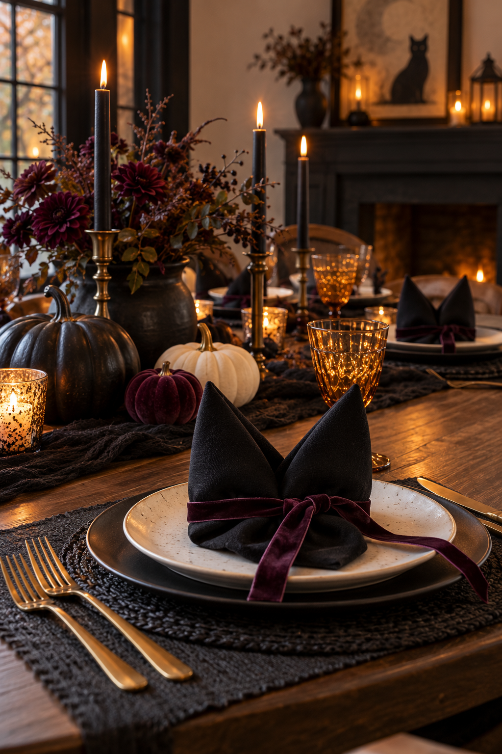 Make Cat-Ear Napkin Folds styled as black cat Halloween decor ideas