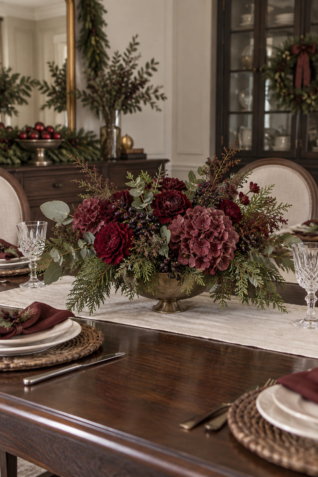 Christmas centerpiece with burgundy flowers, winter greenery and dark berries