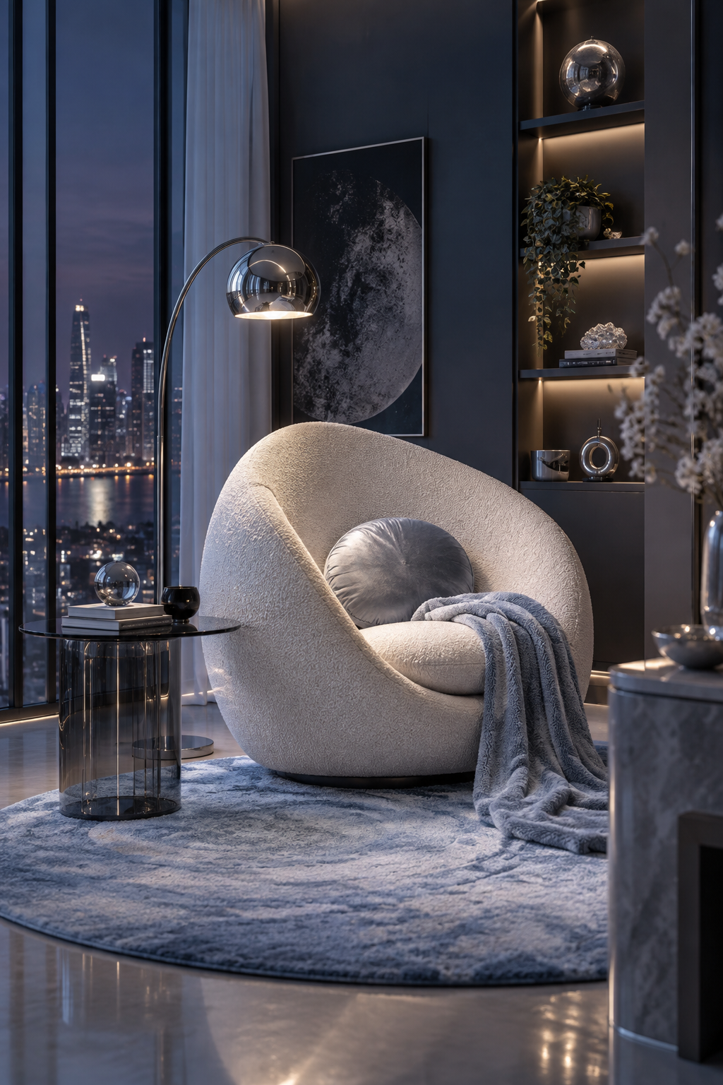 Cocoon chair reading nook with globe lamp and celestial palette
