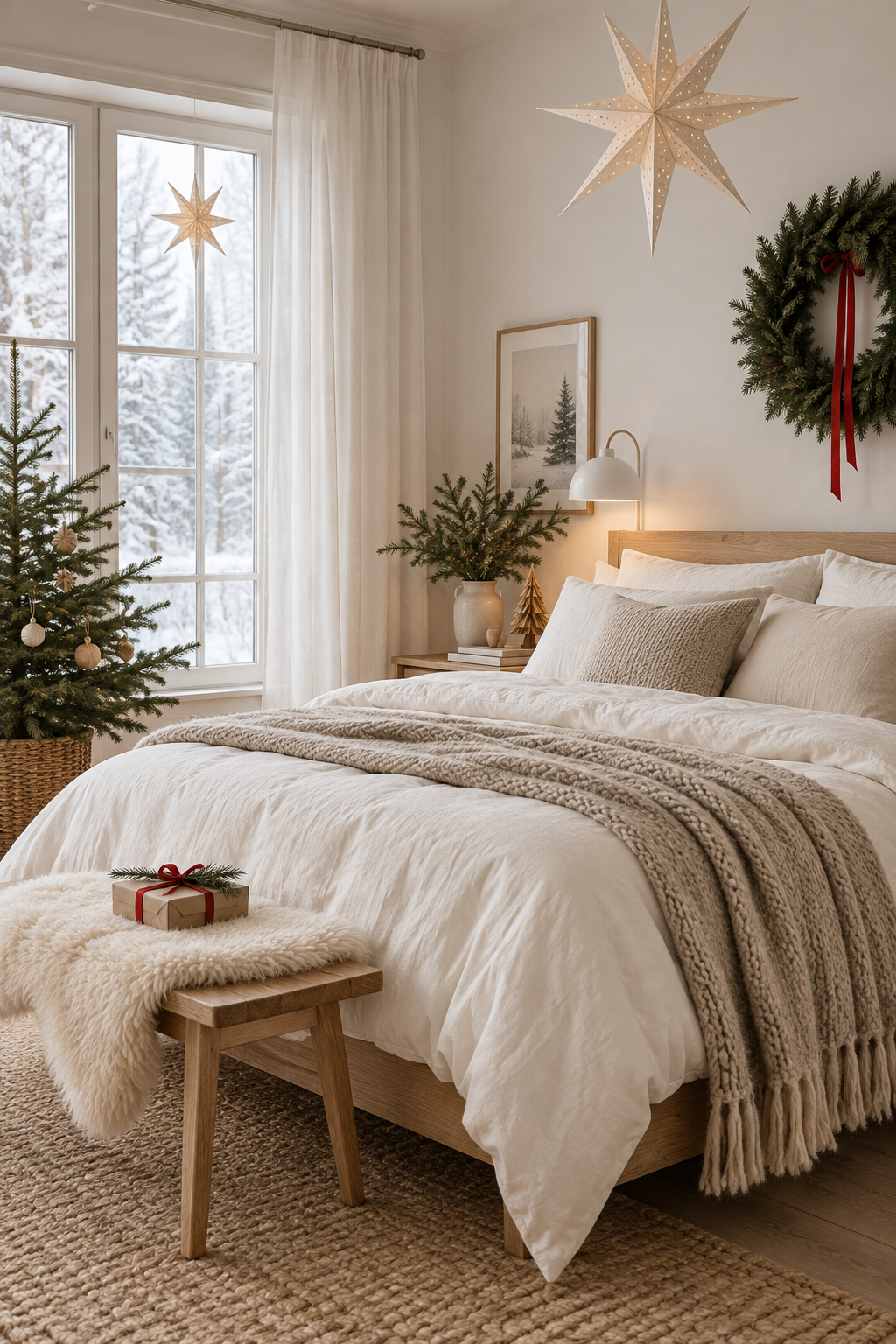 Scandinavian Christmas bedroom with pale wood, paper stars and restrained greenery
