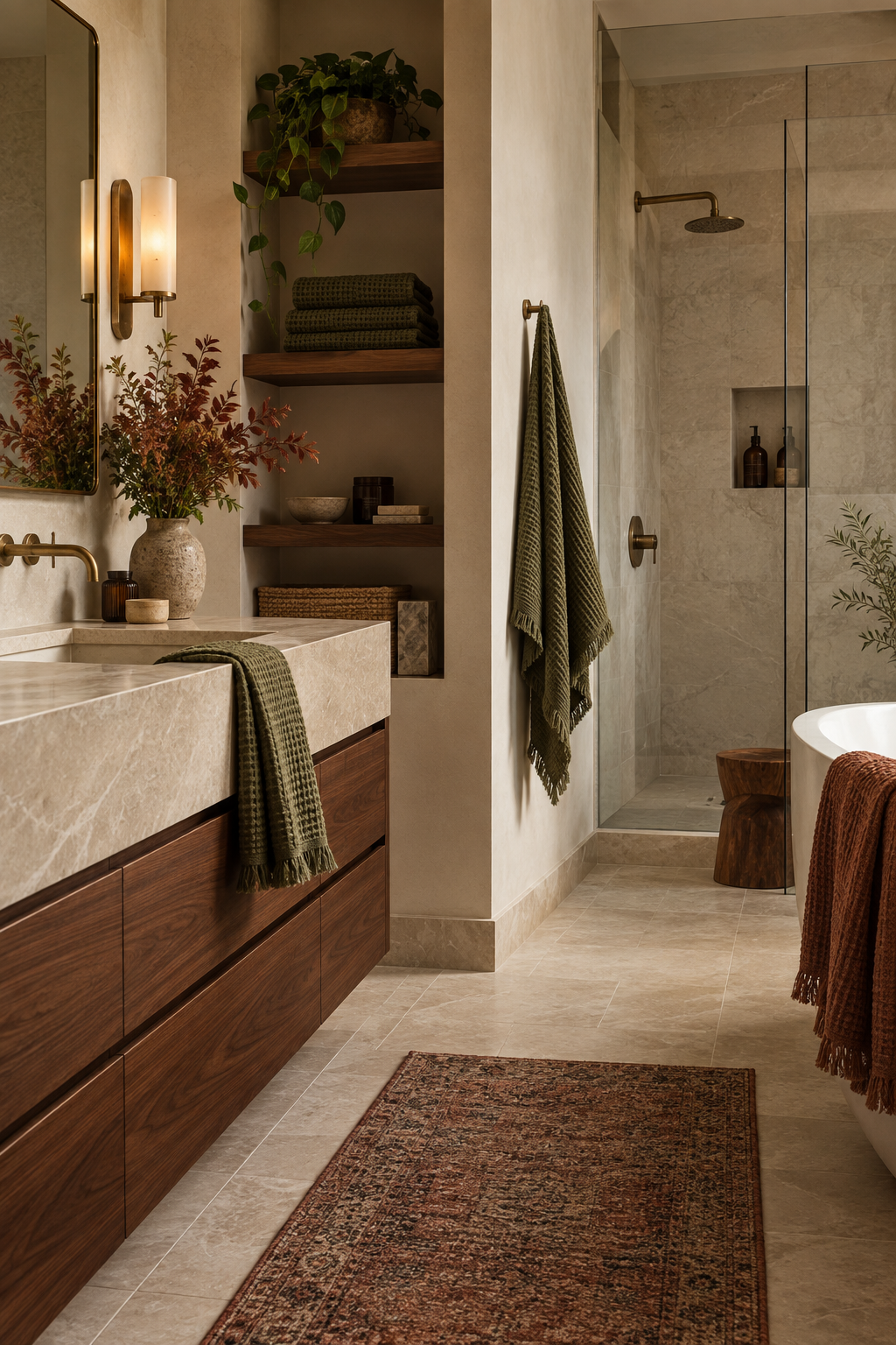 Olive and walnut fall bathroom
