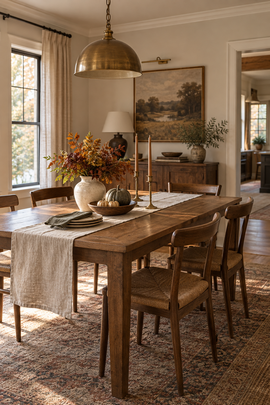 Simple linen runner on a fall dining table