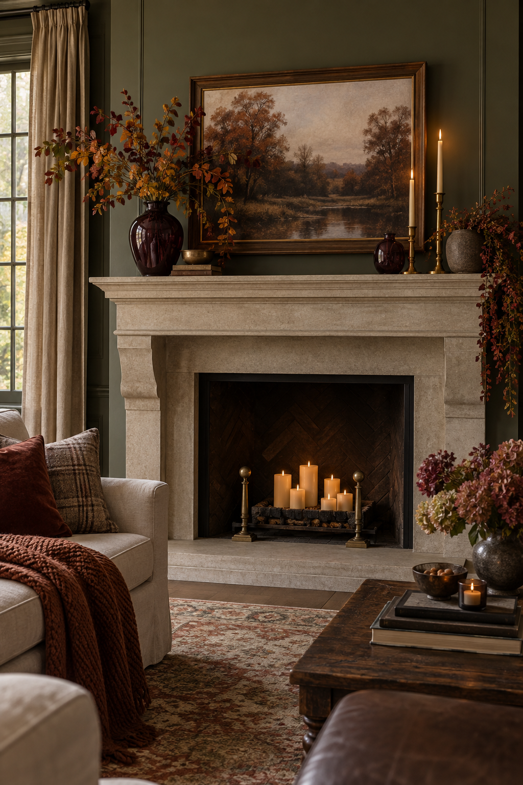 Moody olive and plum fall mantel