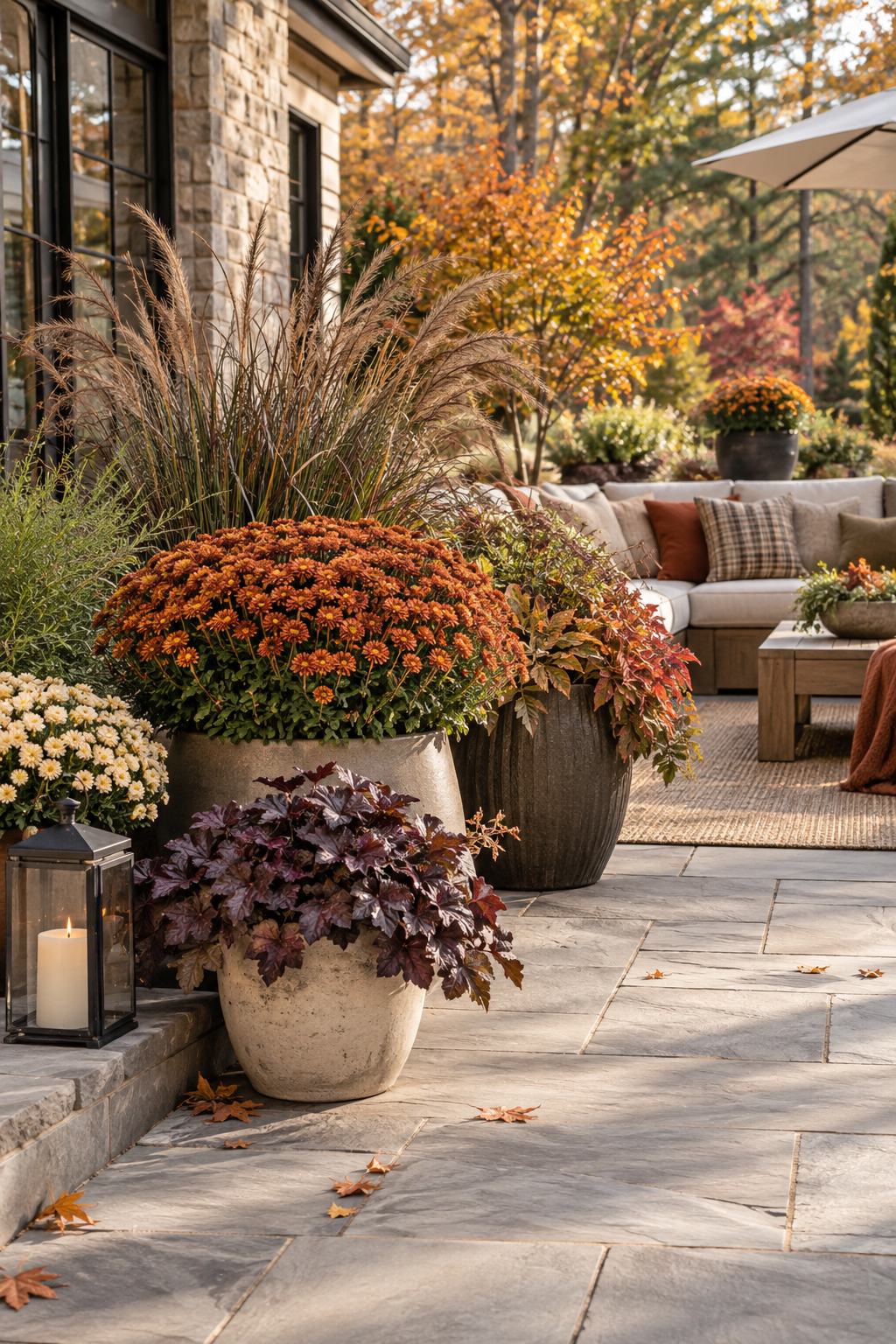 Long lasting autumn container garden on a patio