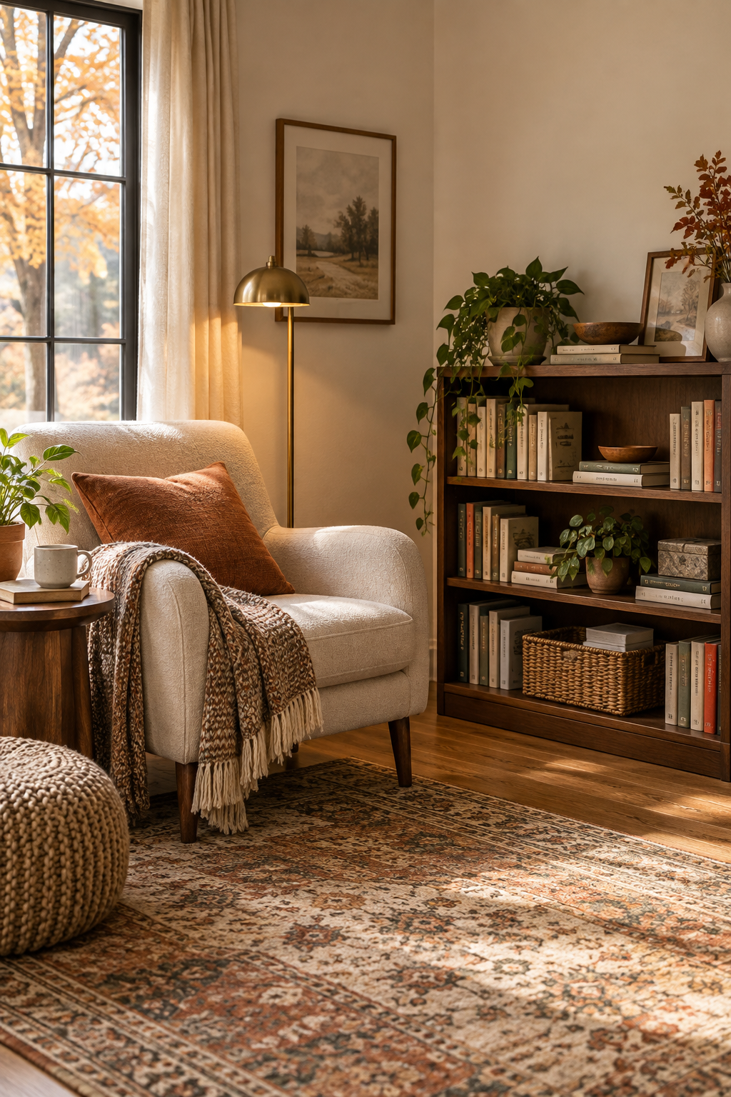 Reachable book storage beside a cozy chair