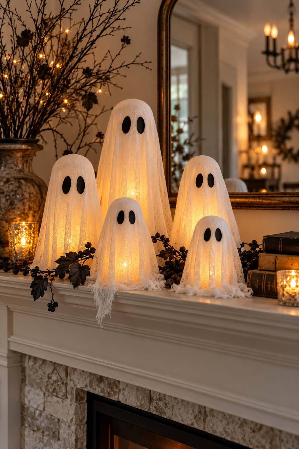 Create Ghost Candles with Safe LED Lights styled as DIY ghost decor ideas