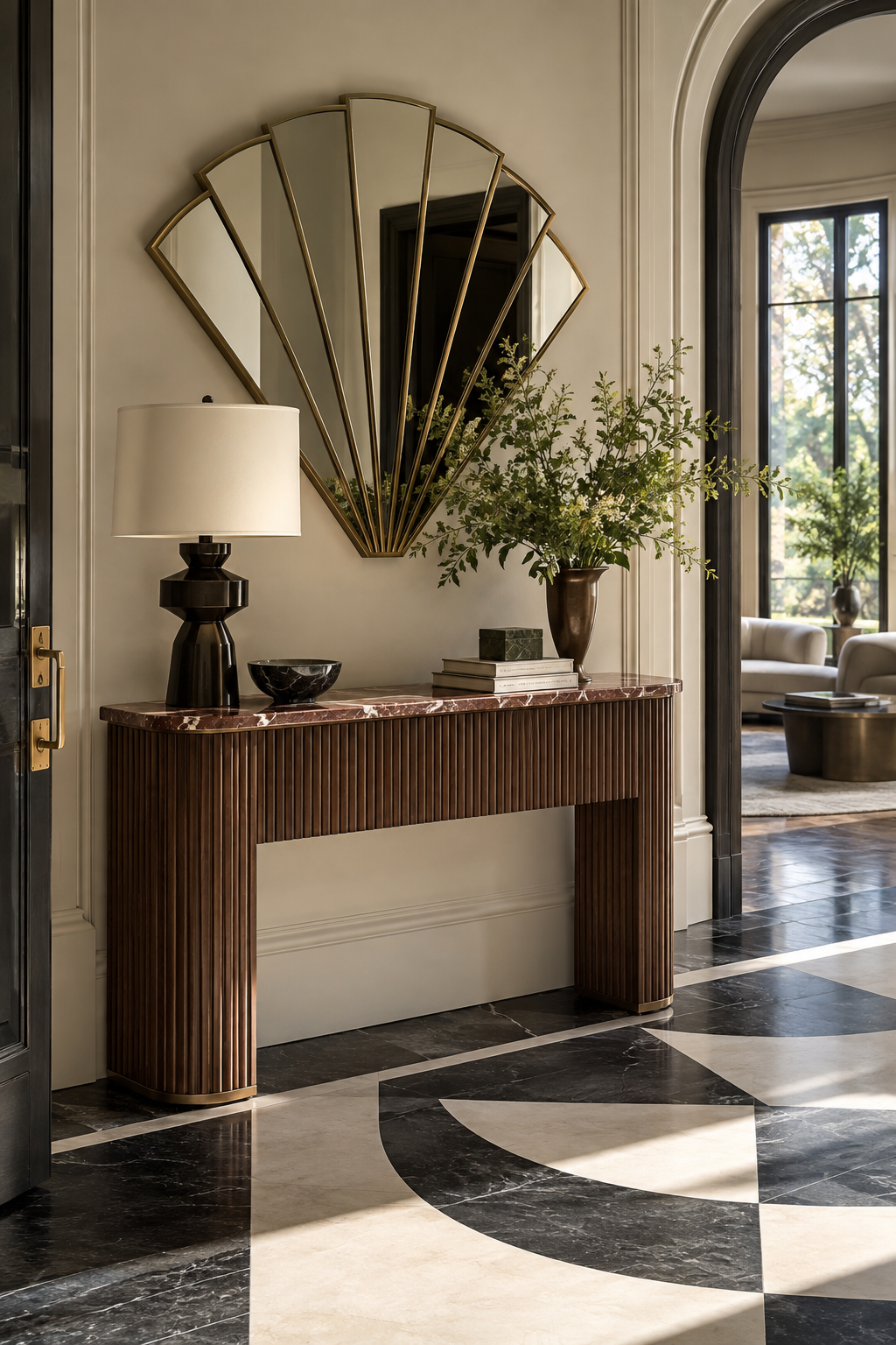 Neo Deco entryway with a fan-shaped mirror, fluted console and globe sconces