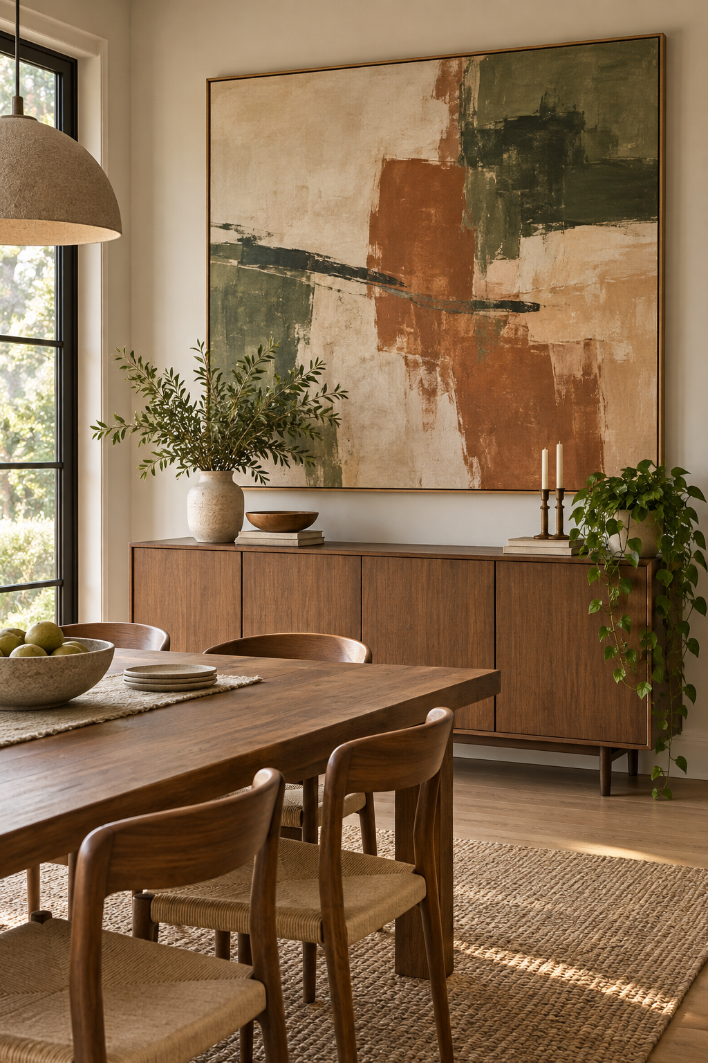 One oversized affordable artwork creating a strong dining room focal point
