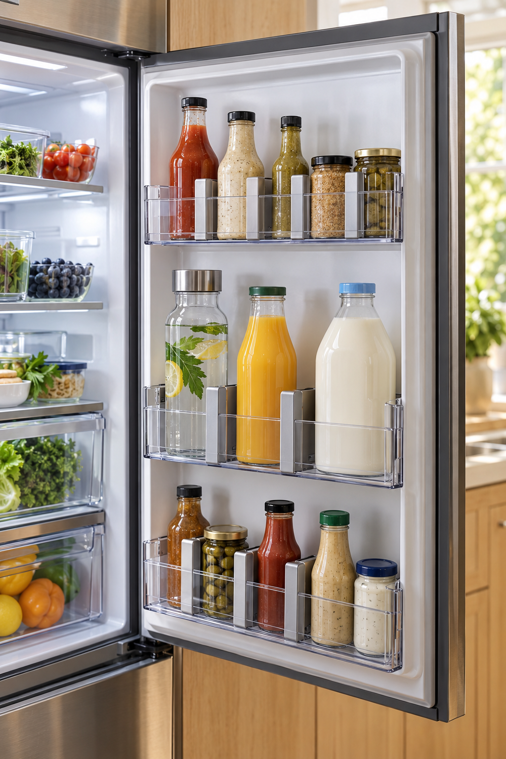 Organize Bottles with Adjustable Dividers in a clean organized refrigerator