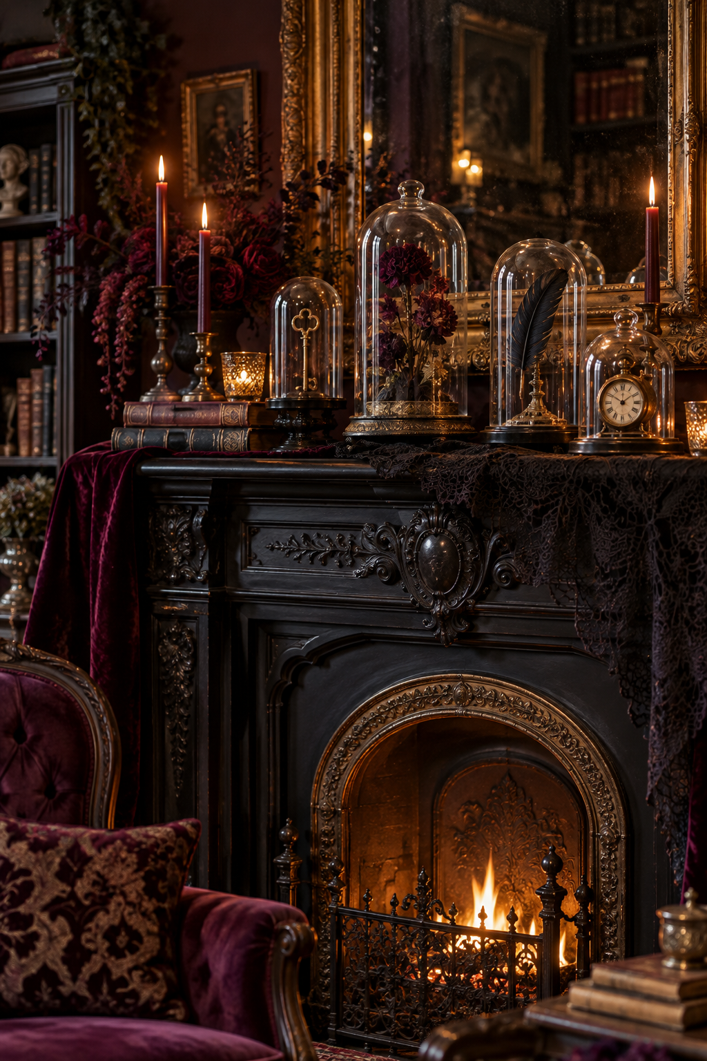 Style Glass Cloches with Curiosities styled as gothic Victorian Halloween mantel ideas