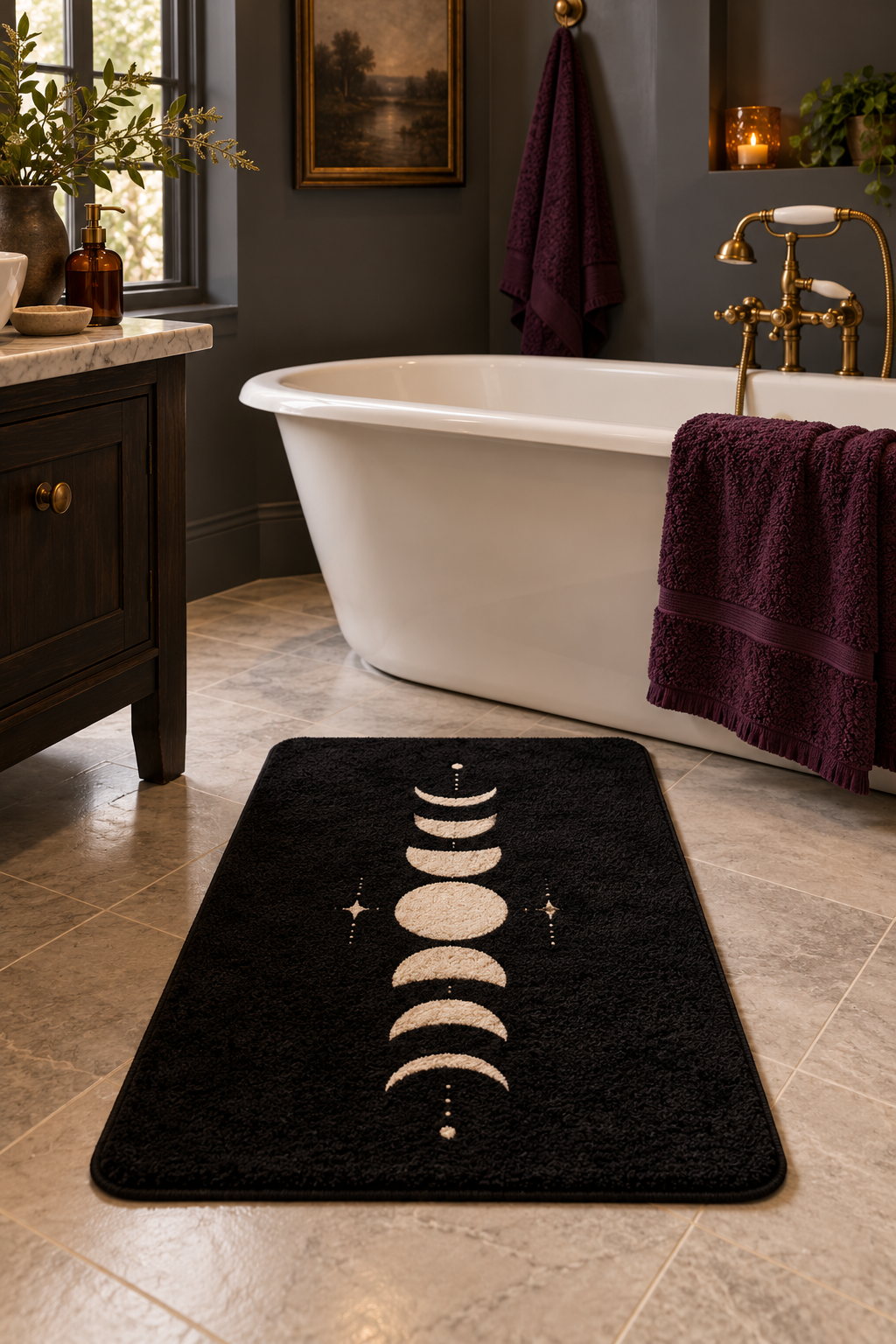 Use Moon-Phase Bath Mats styled as Halloween bathroom decor ideas