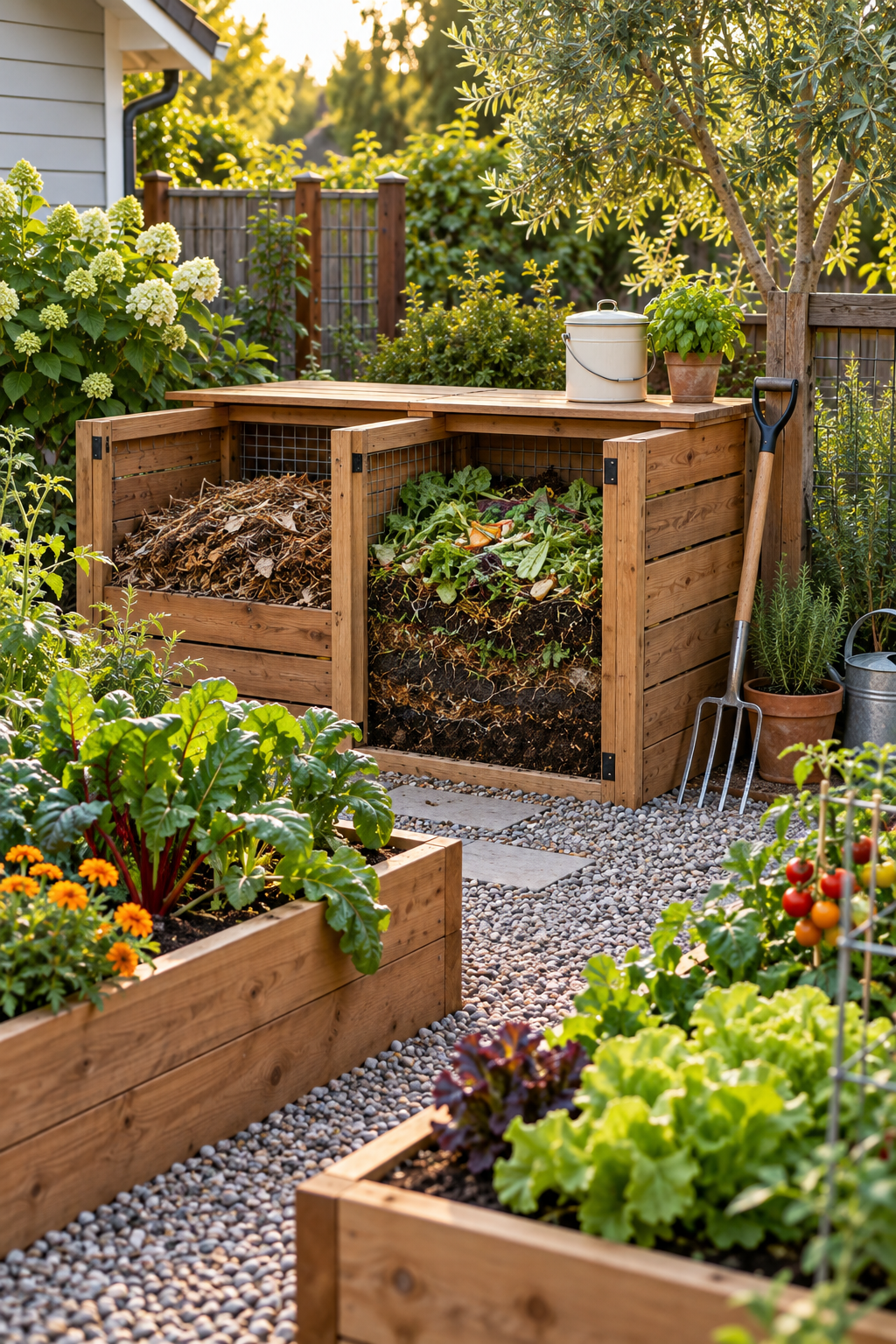Add a Compact Compost Station in a small backyard garden