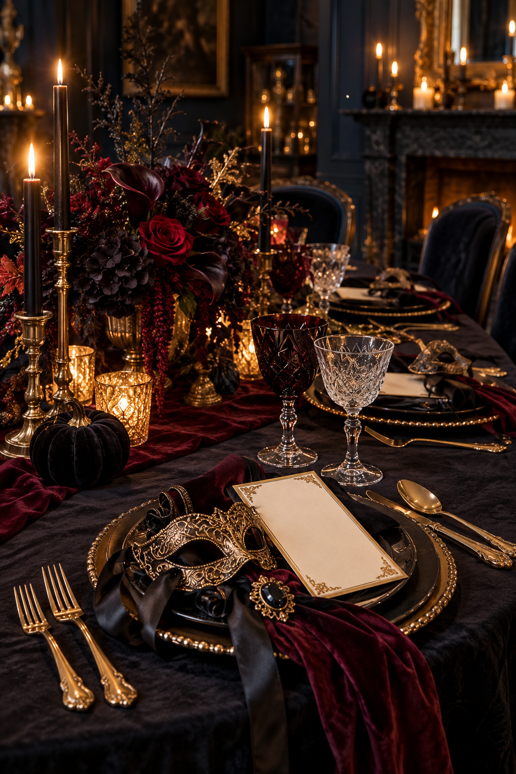 Add Gold-Edged Menu Cards styled as Halloween masquerade tablescape ideas