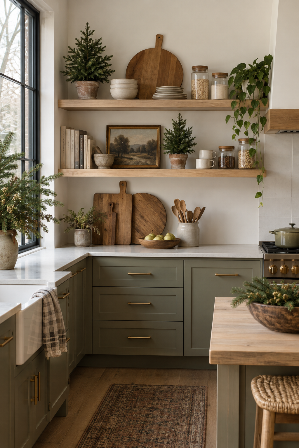 Open kitchen shelves with miniature evergreen trees, wood boards and cream pottery