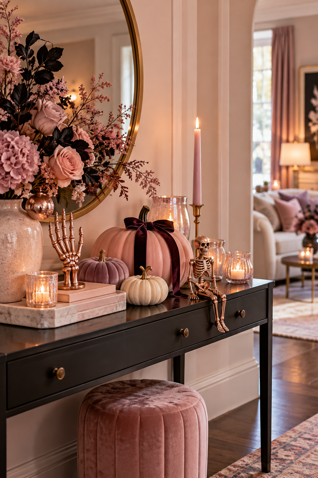 Use Rose-Gold Skeleton Accents styled as pink Halloween decor ideas