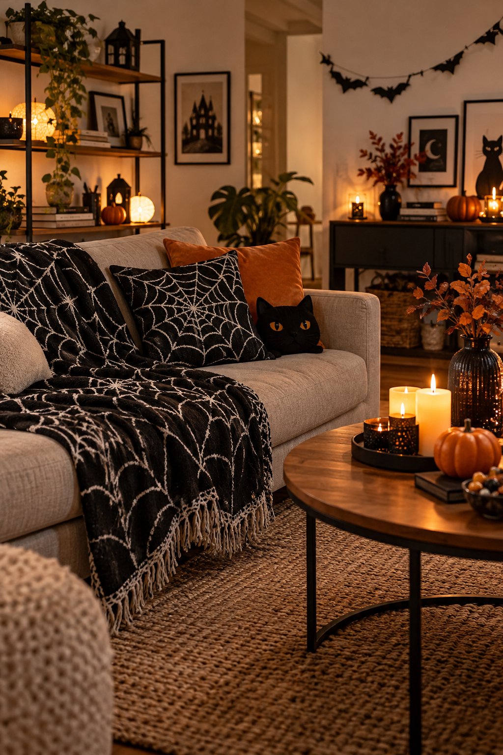 Add Washable Spiderweb Textiles styled as Halloween apartment decor ideas