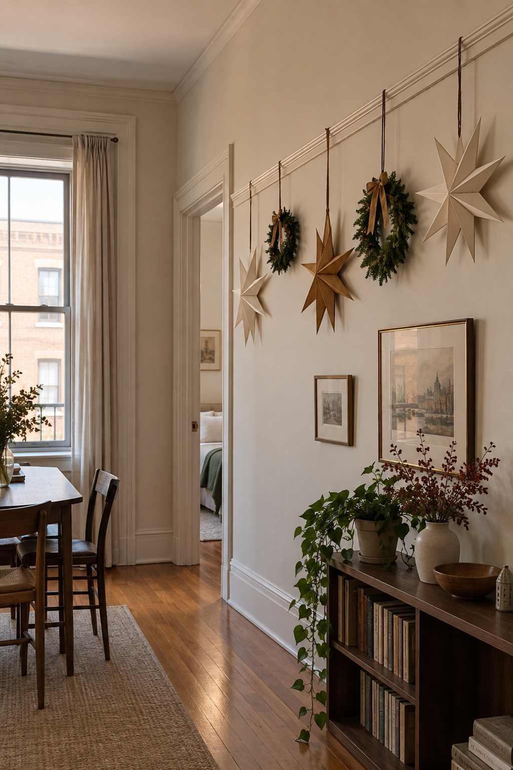 Hang Christmas decorations from a picture rail