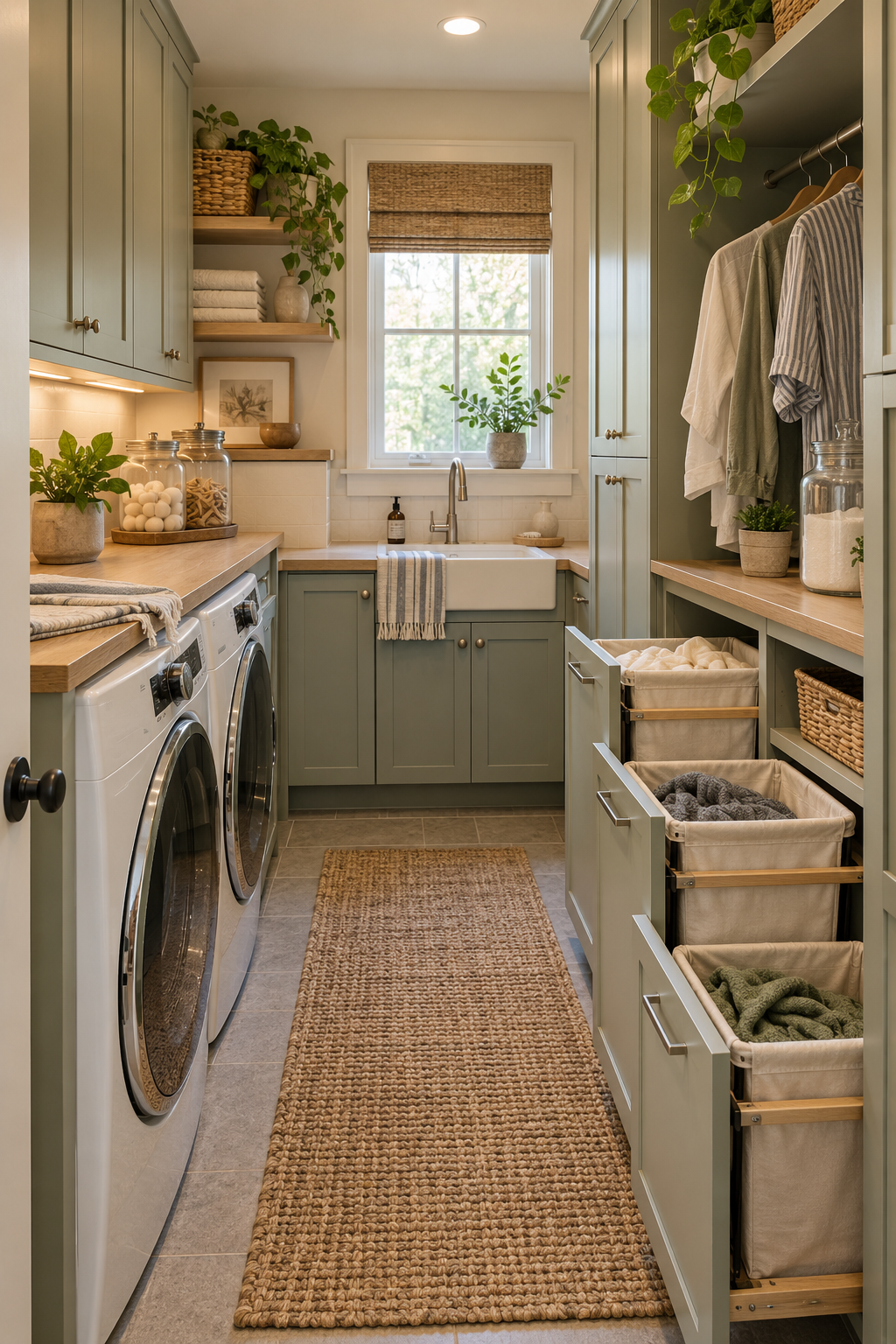 Use Pull-Out Hampers for Sorting in a compact organized laundry room