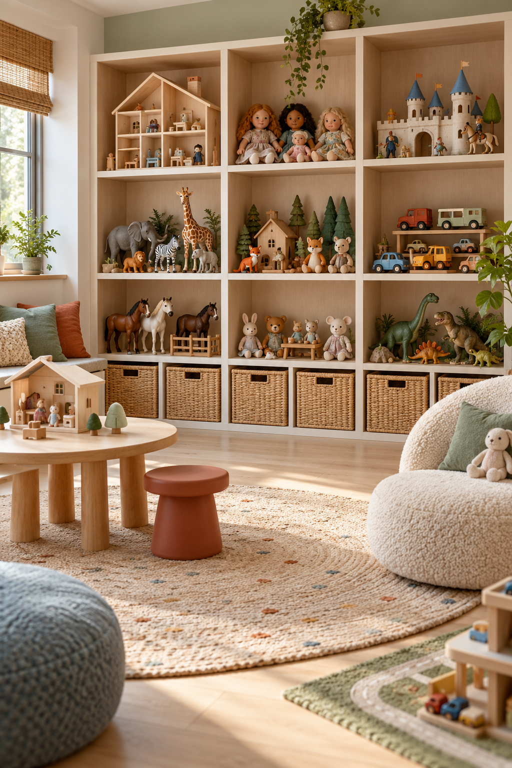 Give Dolls and Figures Their Own Homes in a stylish organized playroom