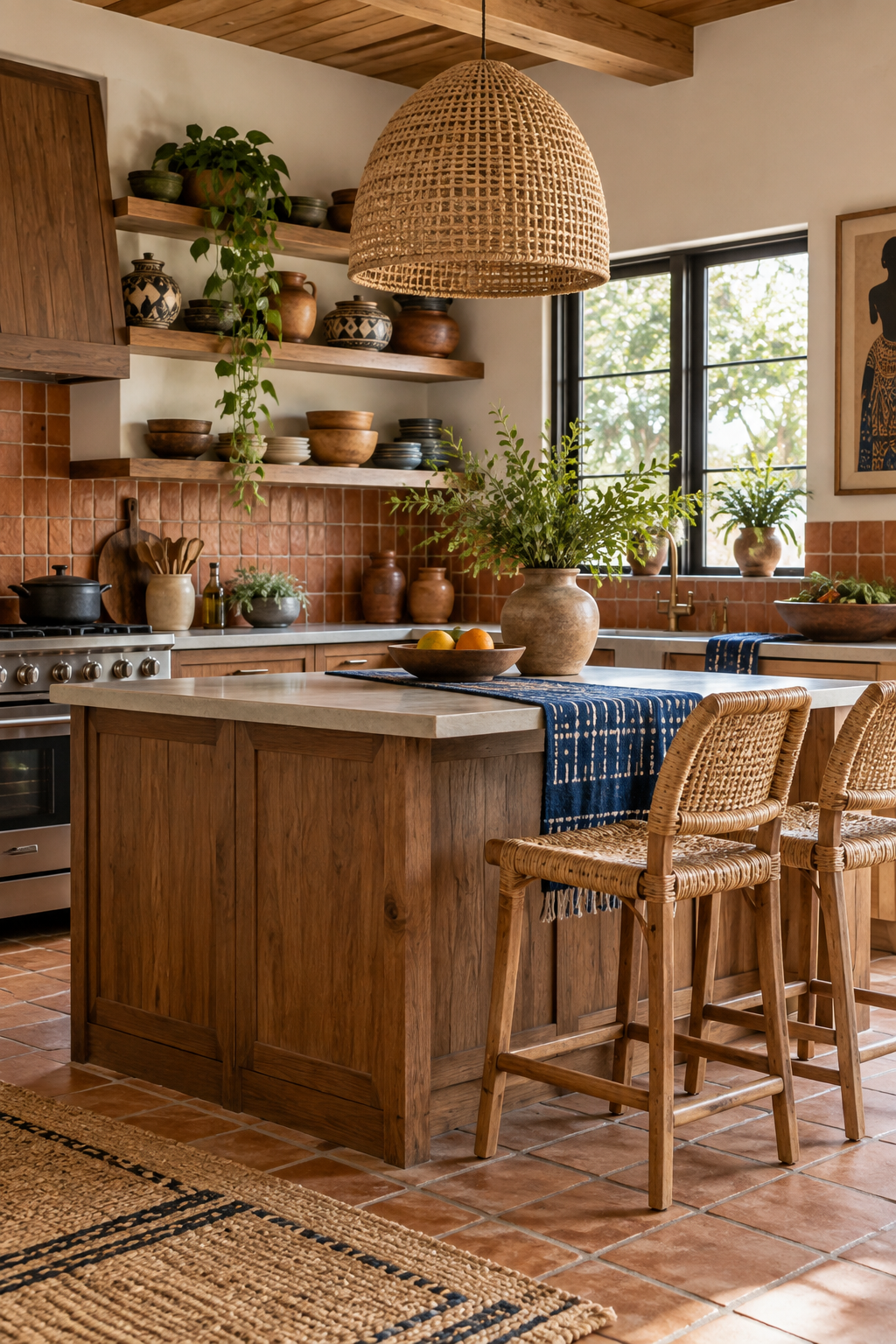 Afrobohemian kitchen with warm wood cabinets, terracotta tile, pottery shelves and indigo runner