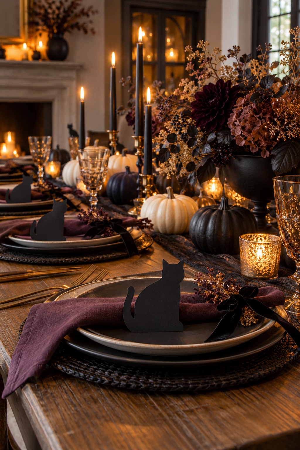 Use Black Cat Place Cards styled as black cat Halloween decor ideas