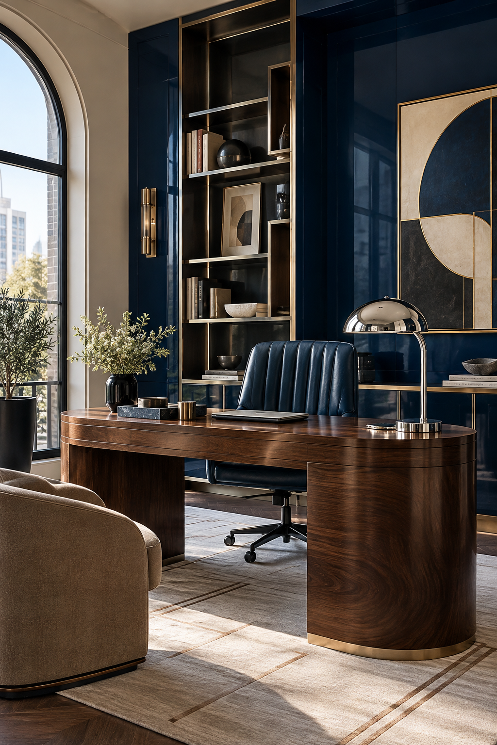 Neo Deco home office with a curved walnut desk and deep blue lacquer walls