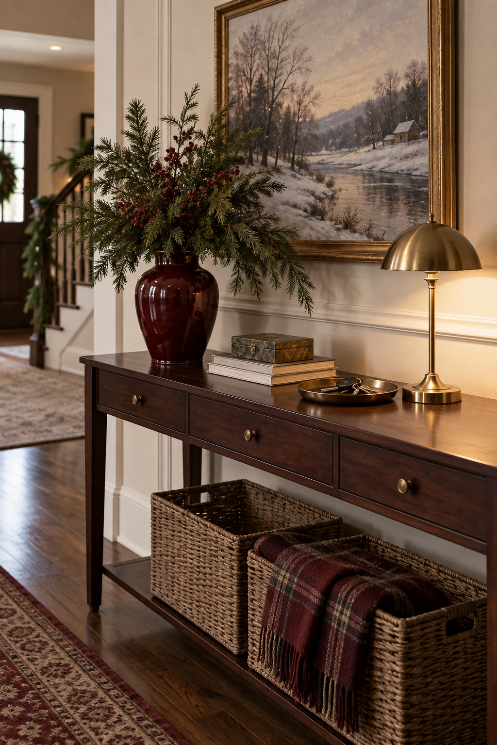 Christmas console vignette with burgundy ceramic vase, garland and framed art