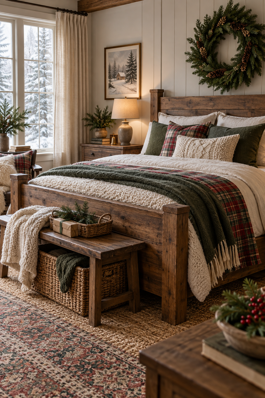 Rustic Christmas bedroom with wood bed, wool blanket, cedar wreath and woven basket