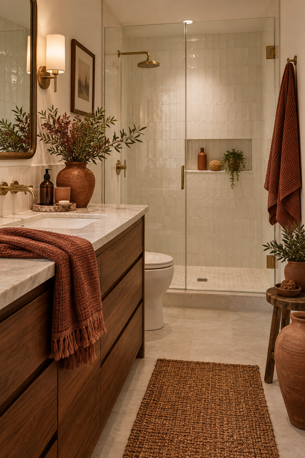Terracotta and warm white bathroom