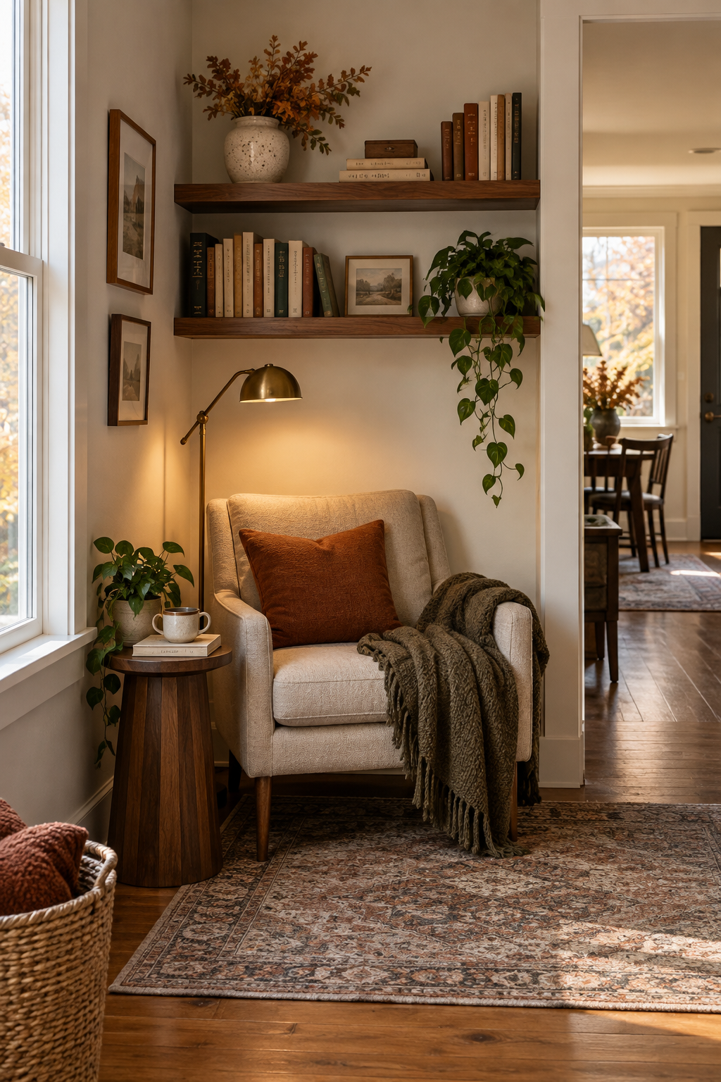 Curated floating shelves above a reading corner